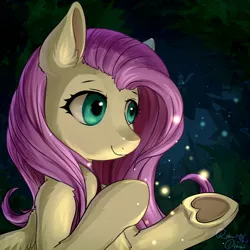 Size: 1024x1024 | Tagged: safe, artist:rikadiane, derpibooru import, fluttershy, firefly (insect), insect, pegasus, pony, female, forest, heart, heart hoof, mare, night, smiling, solo, underhoof, updated