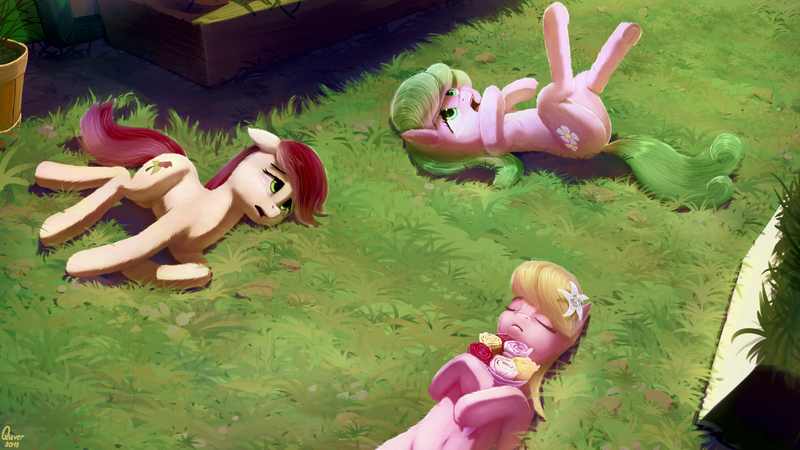 Size: 2560x1440 | Tagged: safe, artist:quvr, derpibooru import, daisy, flower wishes, lily, lily valley, roseluck, earth pony, pony, slice of life (episode), female, floppy ears, flower, flower trio, grass, mare, on back, playing dead, scene interpretation, side, the horror, trio