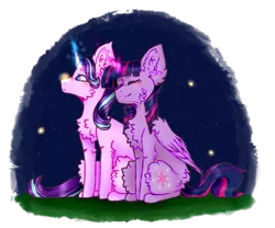 Size: 1083x901 | Tagged: safe, artist:foxlove253, derpibooru import, starlight glimmer, twilight sparkle, twilight sparkle (alicorn), alicorn, firefly (insect), insect, unicorn, chest fluff, cute, eyes closed, female, fluffy, glimmerbetes, glowing horn, grass, horn, magic, night, smiling, twiabetes