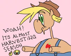 Size: 450x352 | Tagged: safe, artist:bigrigs, derpibooru import, applejack, earth pony, pony, apple, clothes, cowboy hat, emoji, food, harvesting season, hat, meme, ok hand sign, overalls, shitposting, solo, stetson, woah, 👌, 😭