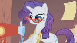 Size: 1280x720 | Tagged: safe, derpibooru import, screencap, rarity, pony, unicorn, suited for success, art of the dress, carousel boutique, female, mare, measure tape, messy mane, rarity's glasses, sewing machine, solo