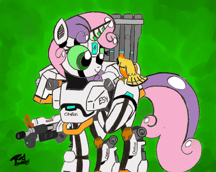 Size: 10000x8001 | Tagged: safe, artist:brekrofmadness, derpibooru import, sweetie belle, bird, pony, robot, robot pony, unicorn, absurd resolution, bastion (overwatch), birb, female, filly, foal, ganymede, hooves, horn, overwatch, solo, sweetie bot, weapon