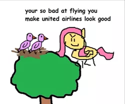 Size: 499x418 | Tagged: artist:round trip, bird, clone, derpibooru import, in a nutshell, mean fluttershy, misspelling, monochrome, roasted, round trip's mlp season 8 in a nutshell, safe, stylistic suck, the mean 6, tree, united airlines