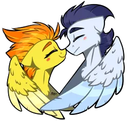 Size: 2630x2500 | Tagged: safe, artist:lrusu, derpibooru import, soarin', spitfire, pegasus, pony, blushing, boop, bust, cute, cutefire, eyes closed, female, floppy ears, hug, male, mare, mutual booping, noseboop, shipping, simple background, soarinfire, stallion, straight, transparent background, winghug