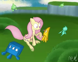 Size: 1870x1486 | Tagged: artist:mostlyponyart, crossover, cube wisp, cyan wisp, derpibooru import, drill wisp, fluttershy, green wisp, hover wisp, safe, sonic colors, sonic the hedgehog (series), wisp, wisps