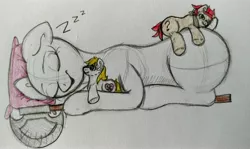 Size: 3910x2338 | Tagged: 8chan, artist:anonymous, aryan pony, axe, derpibooru import, doll, nazi, oc, oc:aryanne, oc:red pone (8chan), oc:sketchy (8chan), pillow, /pone/, safe, sleeping, toy, traditional art, weapon