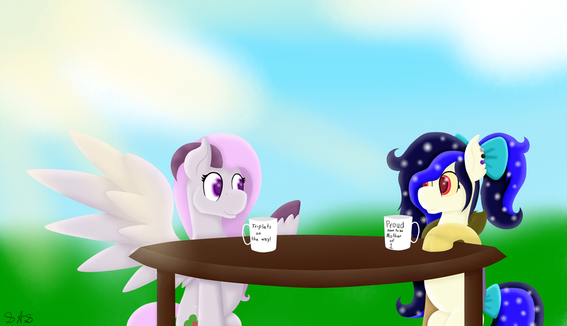 Size: 3976x2290 | Tagged: artist:dolphingirl02, cute, derpibooru import, hybrid, interdimensional siblings, interspecies offspring, mug, multiple pregnancy, oc, oc:beryl (discoshy), ocbetes, oc:exotic chaos, offspring, parent:discord, parent:fluttershy, parents:discoshy, pregnant, safe, table