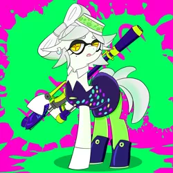 Size: 1700x1700 | Tagged: safe, artist:rdash2116108, derpibooru import, ponified, pony, abstract background, collar, crossover, gun, marie (splatoon), solo, splatoon, weapon