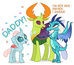 Size: 1000x875 | Tagged: artist:dm29, changedling, changeling, confetti, crossed arms, derpibooru import, dragon, dragoness, father's day, female, implied embrax, implied father and daughter, king thorax, male, ocellus, papa thorax, princess ember, safe, simple background, thorax, transparent background, trio, trocellus