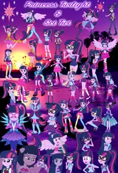 Size: 3900x5700 | Tagged: safe, artist:huntercwalls, derpibooru import, sci-twi, twilight sparkle, twilight sparkle (alicorn), alicorn, dance magic, equestria girls, equestria girls (movie), equestria girls series, forgotten friendship, friendship games, legend of everfree, rainbow rocks, spoiler:eqg specials, beach, camp everfree outfits, clothes, converse, counterparts, crystal gala dress, crystal guardian, crystal prep academy uniform, crystal wings, dress, fall formal outfits, multeity, ponied up, poster, school uniform, scitwilicorn, shoes, sparkle sparkle sparkle, sunset, super ponied up, swimsuit, twilight's cutie mark, twolight, wings