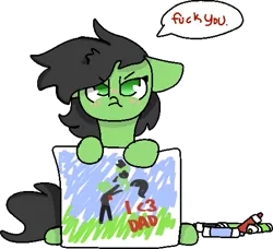 Size: 505x460 | Tagged: safe, artist:nootaz, derpibooru import, oc, oc:anon, oc:anonfilly, earth pony, pony, :t, blushing, cute, drawing, father's day, female, filly, floppy ears, glare, heart, hoof hold, looking at you, marker, simple background, sitting, solo, speech bubble, transparent background, tsundere, vulgar
