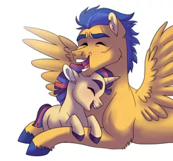 Size: 1024x955 | Tagged: safe, artist:cascayd, derpibooru import, flash sentry, oc, oc:starswirl, pegasus, pony, unicorn, colt, eyes closed, father and child, father and son, father's day, happy, male, offspring, papa flash, parent:flash sentry, parent:twilight sparkle, parents:flashlight, simple background, smiling, white background