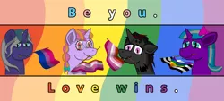 Size: 8861x4000 | Tagged: safe, artist:starry mind, derpibooru import, oc, oc:elizabat stormfeather, oc:glitter shine (ice1517), oc:night rose (ice1517), oc:starry mind, unofficial characters only, alicorn, bat pony, bat pony alicorn, bat pony unicorn, hybrid, pony, unicorn, alicorn oc, bat pony oc, bat wings, bisexual pride flag, bow, bust, cute, cute little fangs, fangs, female, flag, gay pride flag, glasses, goth, hair bow, horn, lesbian, lesbian pride flag, lidded eyes, love wins, lovewins, male, mare, medibang paint, motivational, pigtails, pride, pride flag, pride month, rainbow, requested art, slit eyes, stallion, straight ally flag, tattoo, twintails, wings