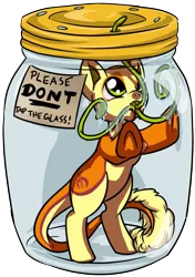 Size: 889x1260 | Tagged: safe, artist:dawnallies, derpibooru import, part of a set, oc, oc:non toxic, unofficial characters only, monster pony, original species, tatzlpony, don't tap the pony in the jar, glass, jar, part of a series, simple background, solo, tentacle tongue, tentacles, tongue out, transparent background, trapped