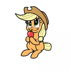 Size: 800x800 | Tagged: safe, artist:bennimarru, derpibooru import, applejack, earth pony, pony, apple, applejack's hat, blank flank, blushing, colored, cowboy hat, cute, digital art, female, filly, flat colors, food, freckles, hat, jackabetes, looking up, manechat challenge, simple background, solo, that pony sure does love apples, white background, young, younger