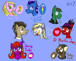 Size: 1000x800 | Tagged: artist:sixes&sevens, derpibooru import, derpy hooves, doctor who, doctor whooves, donna noble, floating head, jack harkness, martha jones, mickey smith, ninth doctor, rose tyler, safe, simple background, tenth doctor, time turner