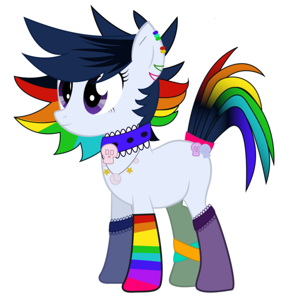 Size: 1024x1039 | Tagged: safe, artist:drarkusss0, derpibooru import, oc, oc:pop candy (ice1517), unofficial characters only, earth pony, pony, icey-verse, anklet, choker, christmas, christmas stocking, clothes, commission, ear piercing, earring, female, holiday, jewelry, magical lesbian spawn, mare, mismatched socks, multicolored hair, necklace, next generation, offspring, parent:inky rose, parent:moonlight raven, parents:inkyraven, piercing, rainbow hair, rainbow socks, simple background, socks, solo, striped socks, transparent background, vector