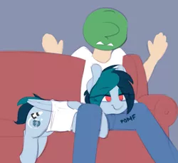 Size: 1159x1061 | Tagged: safe, artist:shinodage, derpibooru import, oc, oc:anon, oc:delta vee, unofficial characters only, human, pegasus, pony, anon's couch, behaving like a dog, clothes, couch, duo, female, human male, lying on top of someone, male, mare, pomf, sitting