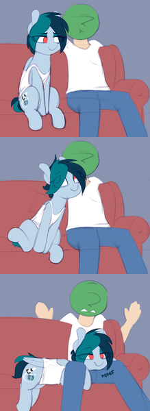 Size: 1160x3184 | Tagged: safe, artist:shinodage, derpibooru import, oc, oc:anon, oc:delta vee, unofficial characters only, human, pegasus, pony, anon's couch, behaving like a dog, clothes, comic, couch, duo, female, human male, lying on top of someone, male, mare, pomf, sitting