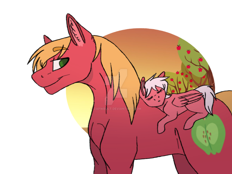 Size: 1600x1200 | Tagged: safe, artist:detoxx-retoxx, derpibooru import, big macintosh, oc, oc:flitterbug, earth pony, pegasus, pony, apple, apple tree, blank flank, father and child, father and daughter, father's day, female, filly, male, missing accessory, offspring, parent:big macintosh, parent:fluttershy, parents:fluttermac, ponies riding ponies, riding, simple background, sleeping, stallion, transparent background, tree, watermark