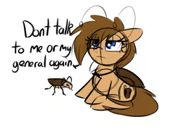 Size: 1395x1022 | Tagged: artist:neuro, cockroach, derpibooru import, don't talk to me or my son ever again, fallout, fallout equestria, female, filly, insect, oc, oc:general scuttles, oc:roachpony, radroach, roach, safe, simple background, sketch, text, white background