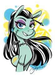 Size: 900x1273 | Tagged: safe, artist:yyhands, derpibooru import, ponified, pony, abstract background, crossover, ear piercing, earring, eyeshadow, female, frankenstein's monster, frankie stein, heterochromia, jewelry, looking at you, makeup, mare, monster high, monster mare, piercing, smiling, solo, stitches