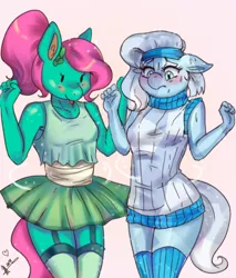 Size: 1700x2000 | Tagged: safe, artist:mrscurlystyles, derpibooru import, oc, oc:💚, oc:azur lachrimae, unofficial characters only, anthro, crystal pony, earth pony, unguligrade anthro, anthro oc, blushing, clothes, clothes swap, dress, female, kneesocks, simple background, socks, sweater, tongue out