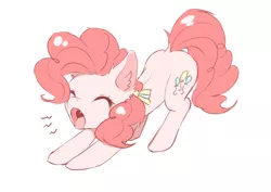Size: 4092x2893 | Tagged: safe, artist:猫可可, derpibooru import, pinkie pie, pony, :o, behaving like a cat, bow, cute, cute little fangs, diapinkes, dock, ear fluff, fangs, female, hair bow, iwtcird, mare, meme, open mouth, pinkie cat, simple background, solo, stretching, white background, yawn