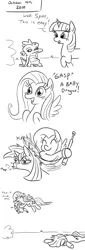 Size: 552x1621 | Tagged: semi-grimdark, artist:jargon scott, derpibooru import, fluttershy, spike, twilight sparkle, dragon, pegasus, pony, unicorn, friendship is magic, season 1, :|, abuse, alternate scenario, baton, black and white, comic, derp, dialogue, excited, eyes on the prize, faceplant, female, fluttershy steals animals, flying, frown, gasp, grayscale, hitting, i'm okay with this, kidnapped, knock out, lineart, male, mare, monochrome, nightstick, ok, oof, open mouth, prone, puffy cheeks, raised eyebrow, raised hoof, simple background, smiling, this did not end well, this ended in pain, twilybuse, unconscious, unicorn twilight, violence, wat, white background, wide eyes