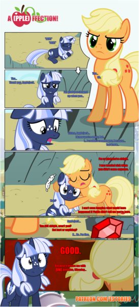 Size: 1919x4225 | Tagged: safe, artist:estories, derpibooru import, applejack, oc, oc:silverlay, earth pony, pony, unicorn, comic:a(pple)ffection, comic, female, gem, mare, sweat, sweating profusely