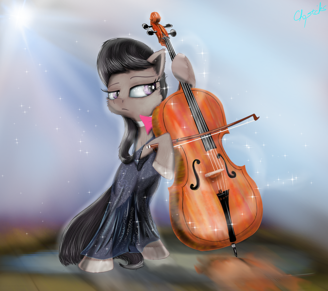 Size: 2000x1774 | Tagged: safe, artist:chopsticks, derpibooru import, octavia melody, earth pony, pony, bipedal, bow (instrument), cello, cello bow, clothes, dress, female, musical instrument, reflection, solo, stage