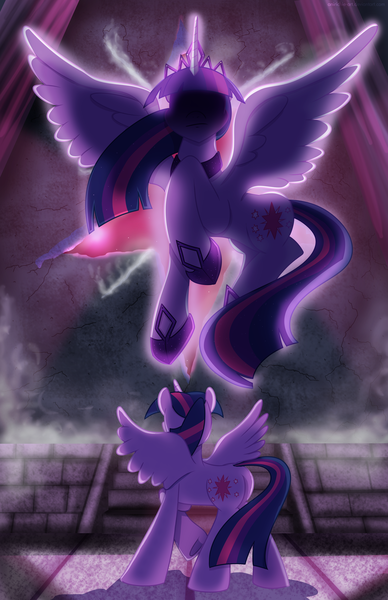 Size: 1024x1583 | Tagged: safe, artist:ladyanidraws, derpibooru import, twilight sparkle, twilight sparkle (alicorn), alicorn, pony, female, hoof shoes, looking up, magic, mare, self paradox