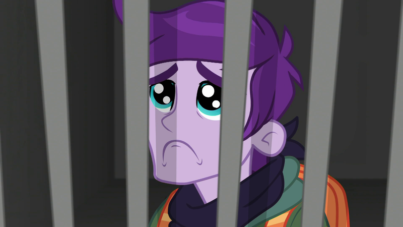 Size: 1280x720 | Tagged: safe, derpibooru import, screencap, jewelry thief (character), equestria girls, equestria girls series, super squad goals, background human, cute, jail, male, prison bars, puppy dog eyes, sad, solo, the slammer, thief, woobie