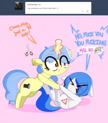 Size: 3500x4000 | Tagged: safe, artist:fullmetalpikmin, derpibooru import, oc, oc:mal, oc:viewing pleasure, earth pony, pony, unicorn, tumblr:ask viewing pleasure, :3, :>, angry, bipedal, censored, censored vulgarity, ear piercing, earring, eyes closed, female, floppy ears, haircut, jewelry, kissy face, legs in air, levitation, magic, mare, non consensual haircut, on back, open mouth, piercing, pink background, scissors, simple background, struggling, swearing, sweat, sweatdrop, telekinesis, text, underhoof, vulgar, wide eyes, yelling