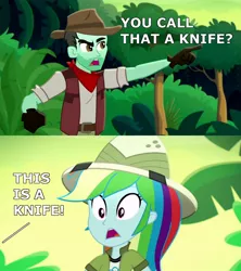 Size: 800x900 | Tagged: safe, derpibooru import, edit, edited screencap, screencap, rainbow dash, slingshot (character), eqg summertime shorts, equestria girls, leaping off the page, crocodile dundee, innuendo, text