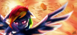 Size: 6147x2827 | Tagged: absurd resolution, artist:inkheartbrony, cool guys don't look at explosions, derpibooru import, evil grin, evil pie hater dash, explosion, food, grin, pie, rainbow dash, safe, secrets and pies, signature, smiling, solo