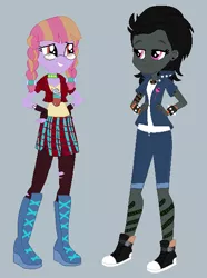 Size: 448x602 | Tagged: safe, artist:owletbrigthness, artist:selenaede, derpibooru import, oc, oc:glitter shine (ice1517), oc:night rose (ice1517), unofficial characters only, equestria girls, base used, boots, bracelet, braid, braided pigtails, clothes, converse, ear piercing, earring, equestria girls-ified, female, fingerless gloves, glasses, gloves, jacket, jewelry, leggings, pantyhose, piercing, pigtails, plaid skirt, ripped pantyhose, shoes, shorts, skirt, sneakers, spiked wristband, tattoo, torn clothes, wristband