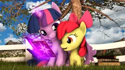 Size: 1920x1080 | Tagged: safe, artist:apexpredator923, derpibooru import, apple bloom, twilight sparkle, twilight sparkle (alicorn), alicorn, pony, 3d, book, hug, magic, winghug