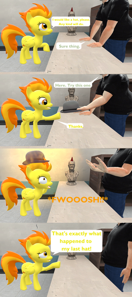 Size: 1920x4320 | Tagged: safe, artist:red4567, derpibooru import, spitfire, human, pegasus, pony, 3d, bowler hat, bust, comic, hat, shop, source filmmaker, spitfire's hair is fire