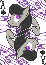 Size: 250x350 | Tagged: ace of spades, artist:sixes&sevens, asexual, bow (instrument), bowtie, cello bow, derpibooru import, female, octavia melody, playing card, safe, sheet music, solo