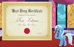 Size: 2048x1292 | Tagged: safe, derpibooru import, edit, trixie, unicorn, best pony, blackletter, certificate, cute, diatrixes, grand galloping gala, happy, truth, was there ever any doubt?