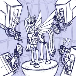 Size: 2000x2000 | Tagged: safe, artist:panzerwaffe, derpibooru import, oc, oc:molados, unofficial characters only, pony, robot, robot pony, aperture science, exclamation point, female, grin, mare, monochrome, portal (valve), sketch, smiling, solo, spread wings, wings