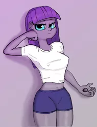 Size: 700x920 | Tagged: suggestive, artist:sleepyscientist, derpibooru import, boulder (pet), maud pie, equestria girls, belly button, breasts, busty maud pie, clothes, erect nipples, female, looking at you, midriff, nipple outline, shirt, shorts, simple background, solo, t-shirt