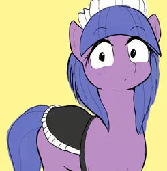 Size: 1633x1668 | Tagged: safe, artist:nullpotower, derpibooru import, tote bag (character), earth pony, pony, clothes, female, looking at you, maid, mare, mob cap, simple background, solo, surprised