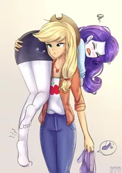 Size: 1200x1700 | Tagged: safe, artist:tcn1205, derpibooru import, applejack, rarity, human, equestria girls, applejack's hat, barefoot, blushing, butt touch, carrying, clothes, cowboy hat, cute, cute little fangs, eyes closed, fangs, feet, female, freckles, geode of super strength, hand on butt, hat, high heels, humanized, lesbian, long legs, magical geodes, ots carry, over the shoulder, pony coloring, raribetes, rarijack, shipping, shoes, snaggletooth, sprained ankle, whistling