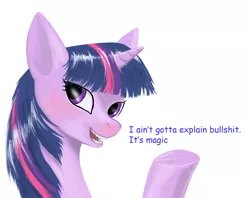 Size: 1012x800 | Tagged: safe, artist:sigmatura, derpibooru import, twilight sparkle, pony, unicorn, female, it's magic, looking at you, mare, open mouth, simple background, solo, vulgar, white background