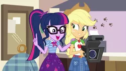 Size: 1280x720 | Tagged: safe, derpibooru import, screencap, applejack, sci-twi, twilight sparkle, equestria girls, equestria girls series, outtakes (episode), animal shelter, camera, duo, geode of super strength, geode of telekinesis, magical geodes