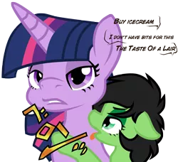 Size: 4840x4413 | Tagged: safe, artist:daku, derpibooru import, twilight sparkle, oc, oc:anonfilly, pony, absurd resolution, dialogue, female, filly, floppy ears, jojo's bizarre adventure, licking, lidded eyes, nervous, open mouth, parody, simple background, the taste of a liar, tongue out, transparent background, vento aureo