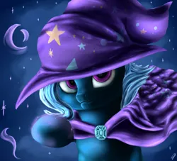 Size: 1024x931 | Tagged: safe, artist:com3tfire, derpibooru import, trixie, pony, unicorn, cape, clothes, crescent moon, female, hat, moon, solo, stars, trixie's cape, trixie's hat