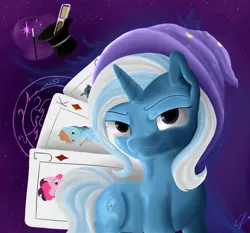 Size: 1024x956 | Tagged: artist:com3tfire, cape, card, clothes, derpibooru import, female, hat, mare, safe, solo, top hat, trixie, trixie's cape, wand